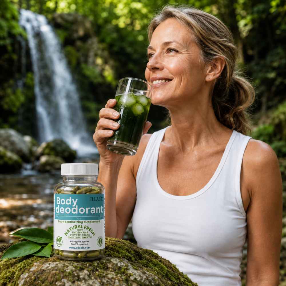 A woman in a white tank top stands outdoors in front of a waterfall, holding a glass of green drink while a bottle of Ellasie body deodorant rests on a mossy rock in the foreground.