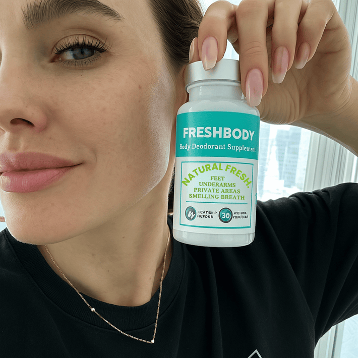 Person holding a Freshbody supplement bottle close to their face by ellasie