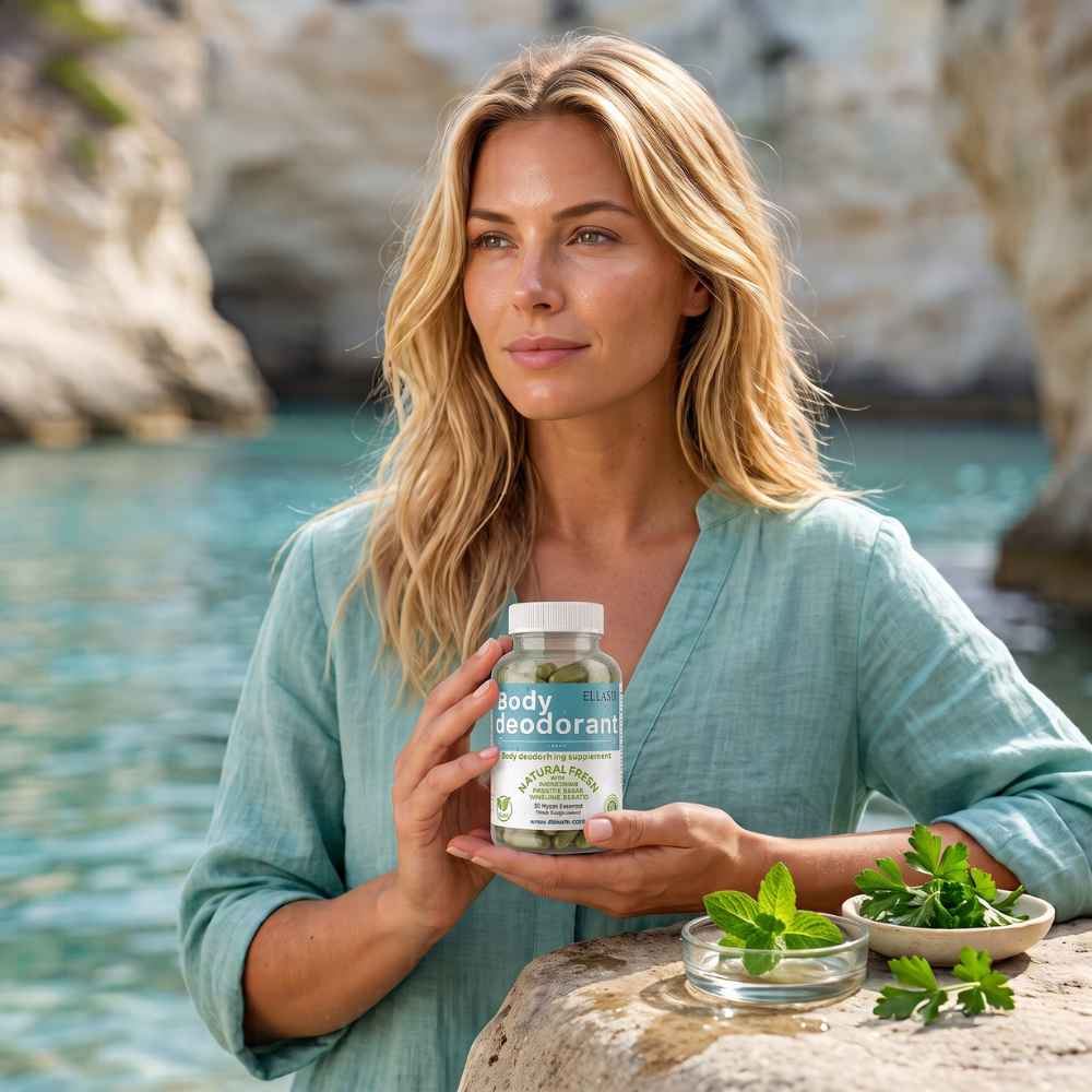 A woman in a light blue-green shirt stands by a rocky coastal shoreline holding a bottle of body deodorant. Fresh mint leaves and a small bowl sit on the stone beside her.