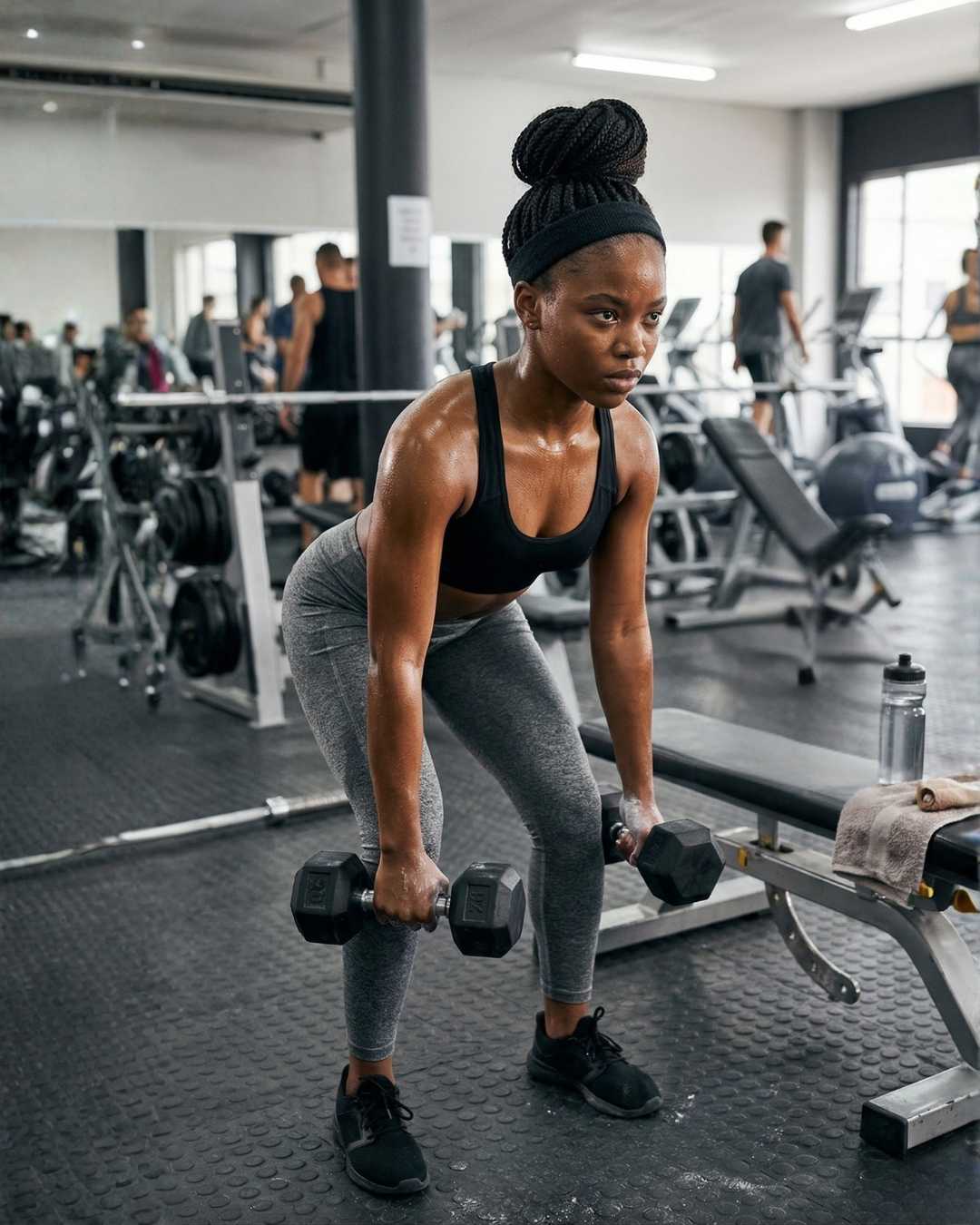 Woman exercising with dumbbells in a gym setting