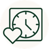 A minimalist dark green line icon depicting a clock with a heart, representing time or care.
