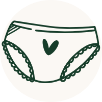 A simple line-art illustration of women's underwear in dark green on a white circular background.