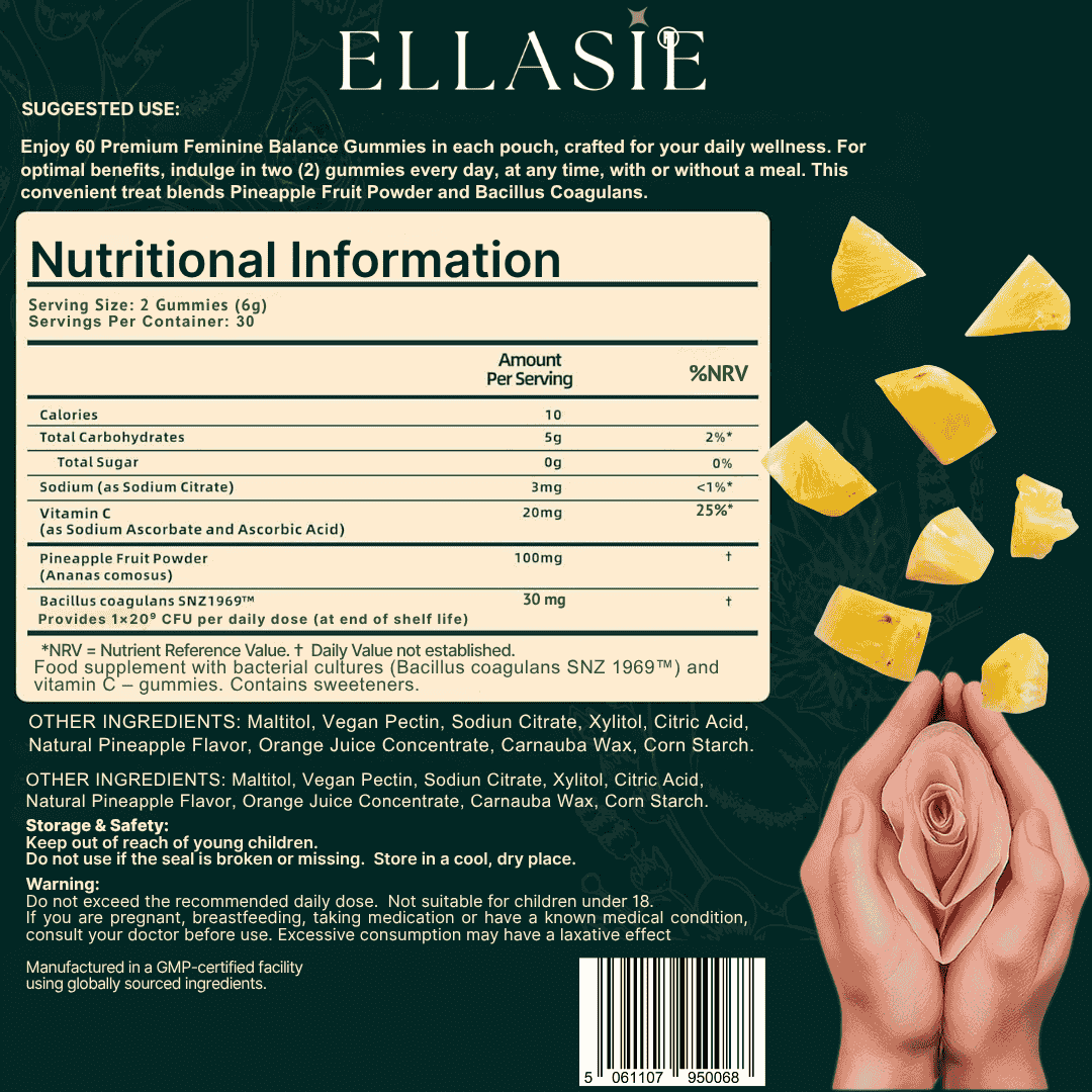 Ellasie Feminine Gummies Supplement Label. View ingredients and full nutritional panel for this product.