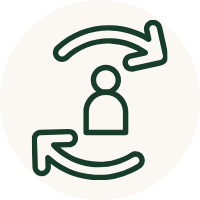 A dark green minimalist vector icon depicting a person with two curved arrows rotating around them, set against a light off-white circular background.