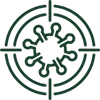 A green circular target icon with a virus or coronavirus symbol in the center, set against a solid black background.