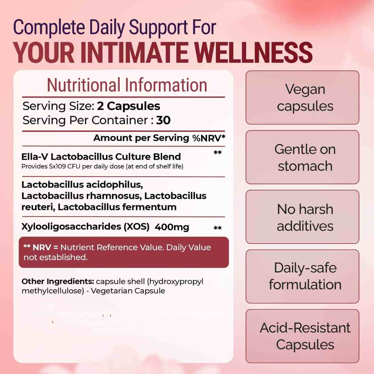 Product label for a supplement with nutritional information and benefits on a pink background