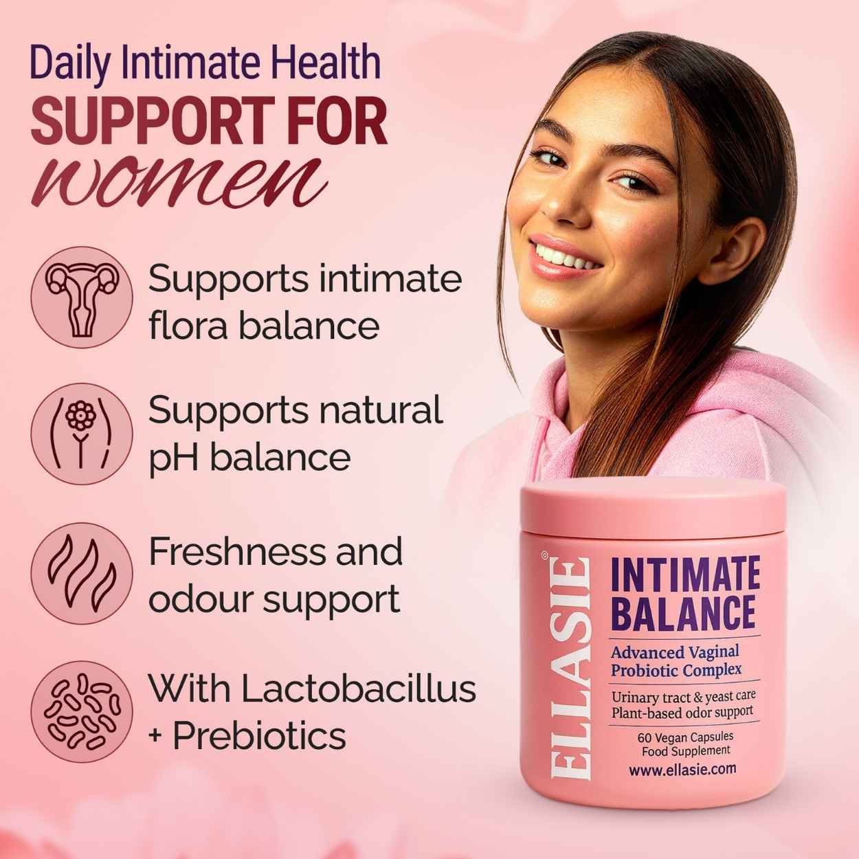 Product advertisement for Ellasie Intimate Balance with a woman and product on a pink background