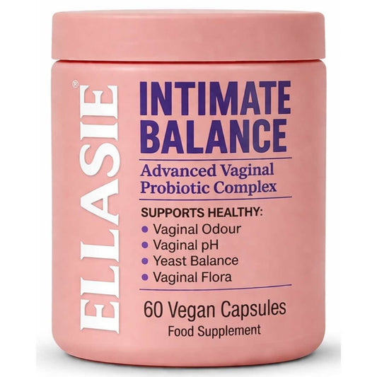 Pink container of ELlasie Intimate Balance Probiotic Complex on a white background