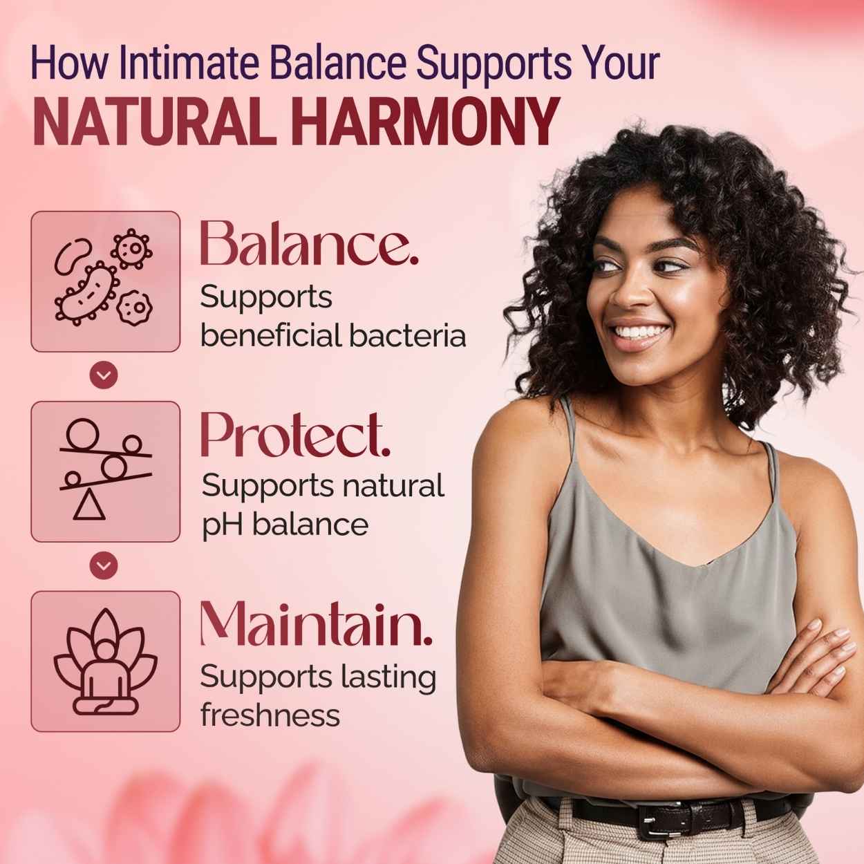 Woman with text on intimate health balance and harmony on a pink background