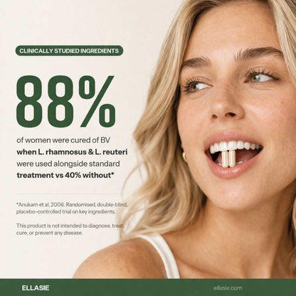 Woman with a smile, showing teeth, with text about clinical studies on a beige background.