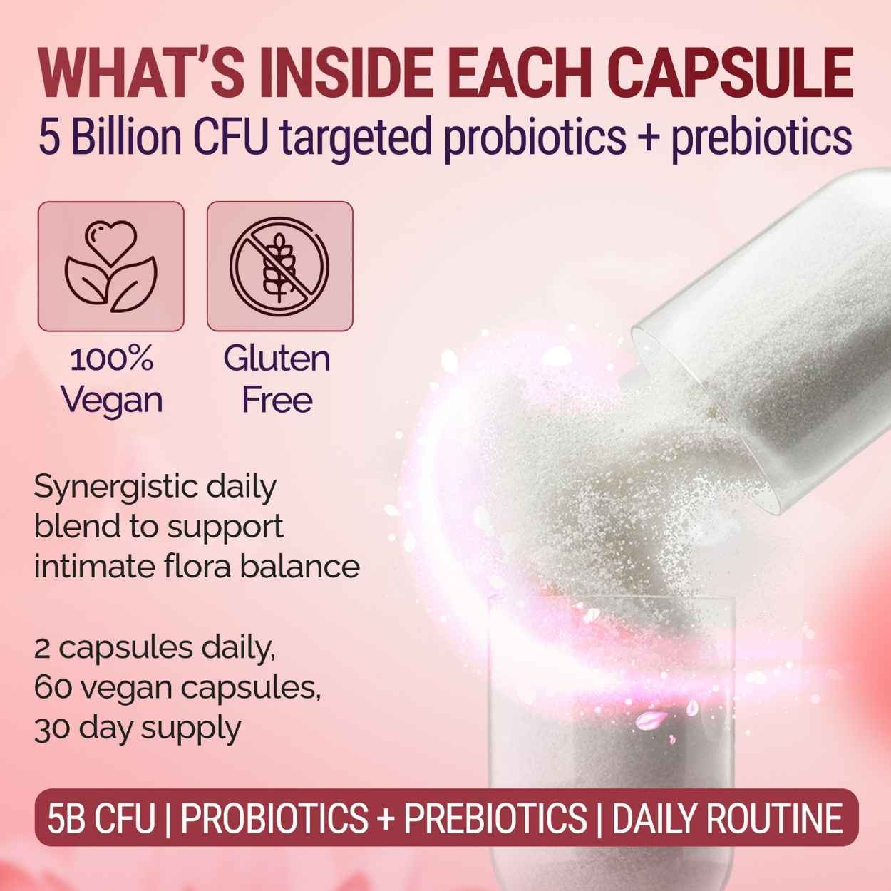 Probiotic supplement packaging with text on a pink background