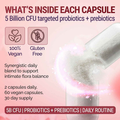 Probiotic supplement packaging with text on a pink background