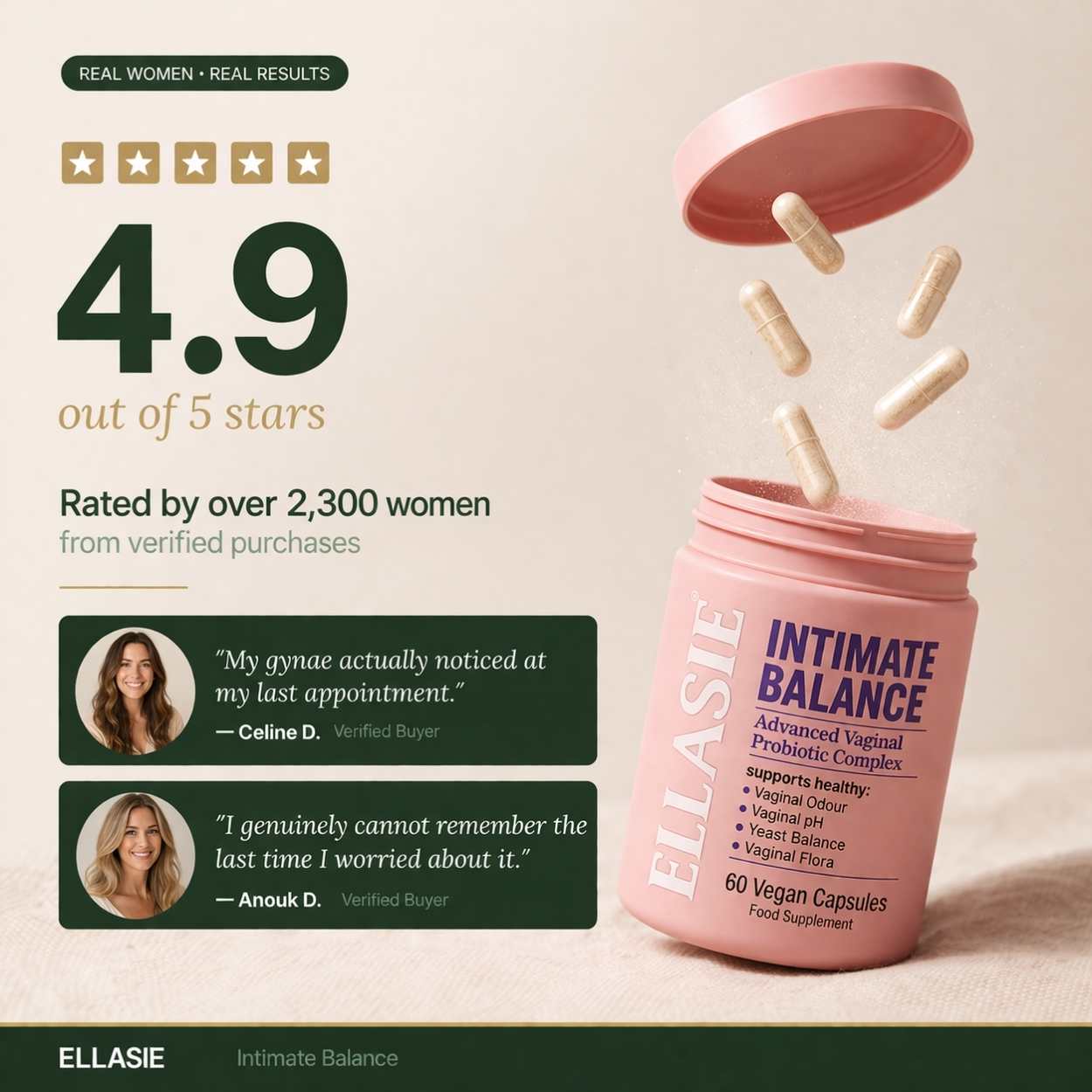 Pink container of ELLASIE Intimate Balance with capsules spilling out, on a beige background.