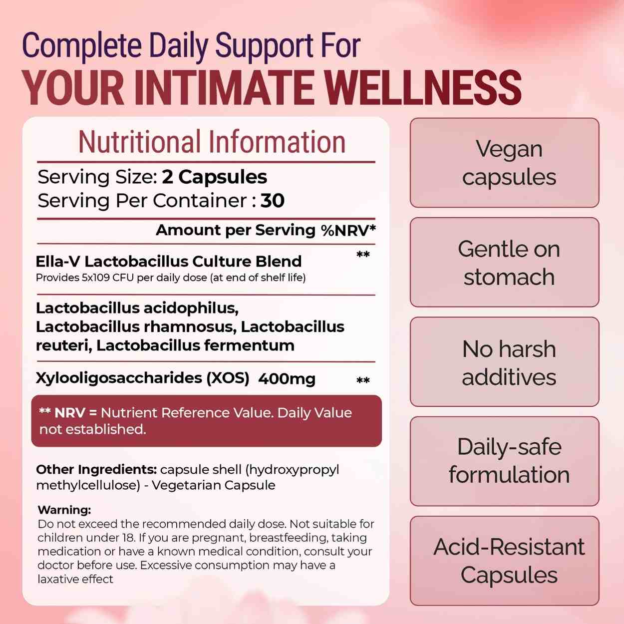 Nutritional information label for a product related to intimate wellness on a pink background