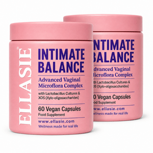 Two pink plastic supplement bottles for women's health, labeled 'Intimate Balance' by the brand ELlasie, shown against a plain white background.