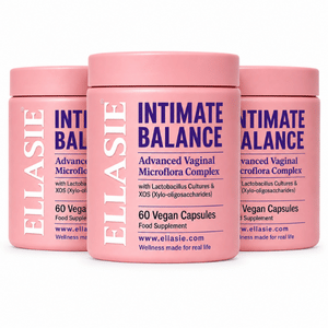 Three pink cylindrical supplement bottles labeled 'INTIMATE BALANCE' by Ellasie, arranged together on a white background.