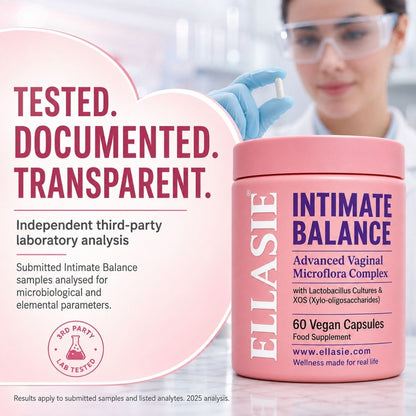 A pink supplement jar labeled ELLASIE Intimate Balance stands in front of a softly blurred lab scene with a person wearing safety glasses and gloves. Large text on the left reads 'TESTED.