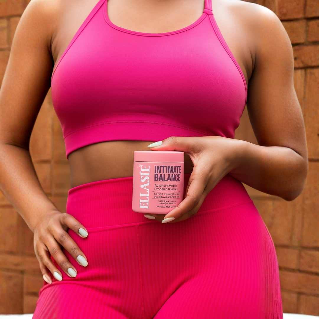 Person wearing a pink sports bra and leggings holding a pink container labeled Ellasie 'Intimate Balance' against a brick wall.