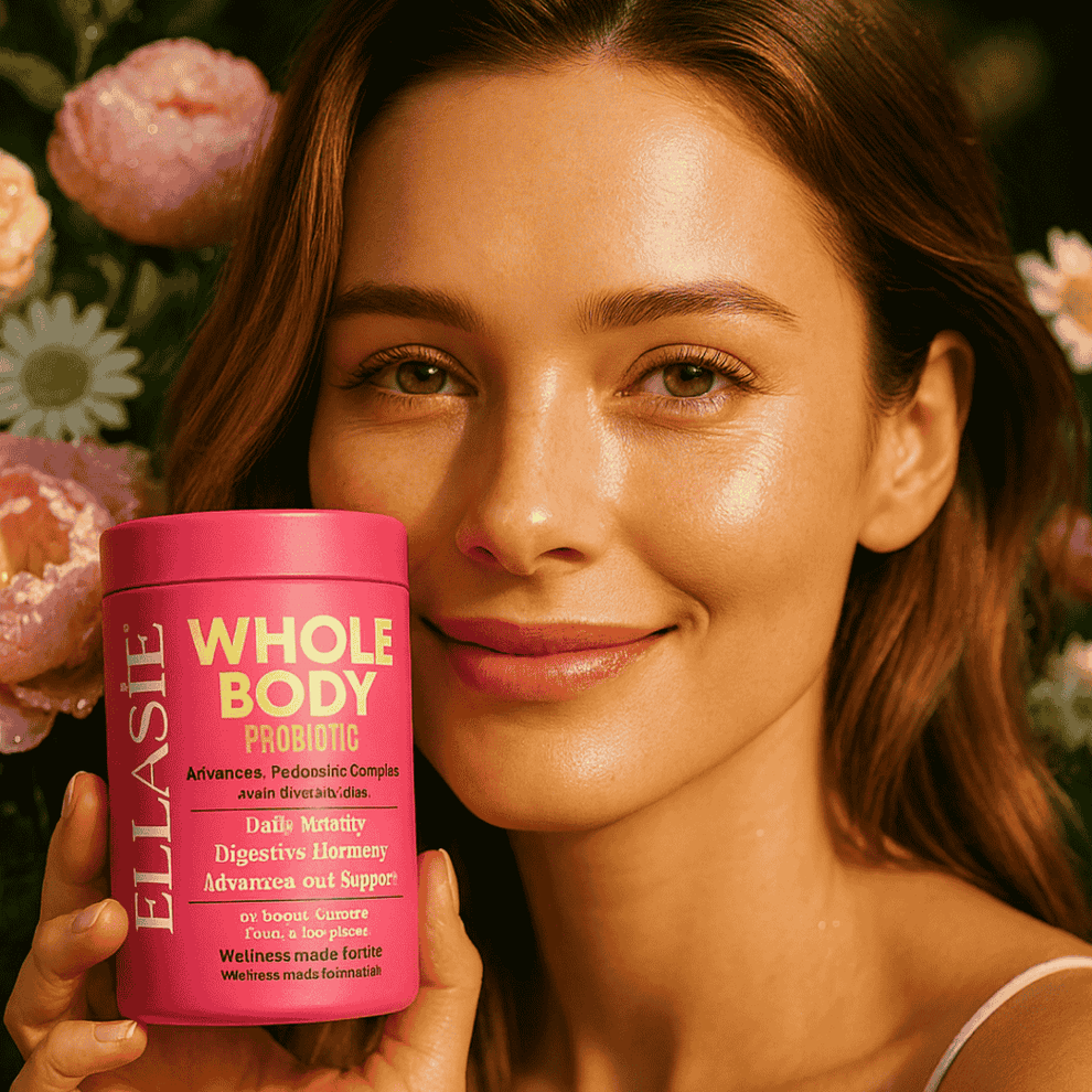 Woman holding a pink container labeled Ellasie 'Whole Body Probiotic' with flowers in the background