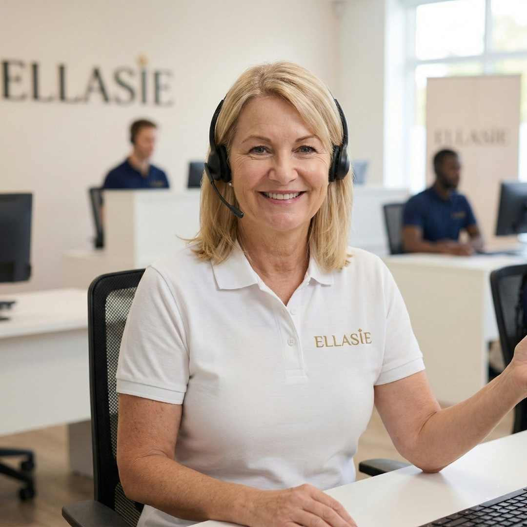 Woman wearing a headset and smiling in an office setting with 'ELLASIE' branding.