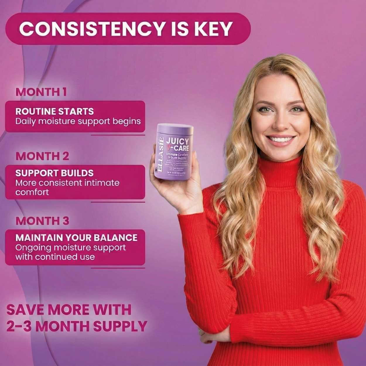 Woman holding a Ellasie product with promotional text about consistency and support.