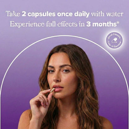 Woman holding a supplement capsule with text about taking capsules daily on a purple background