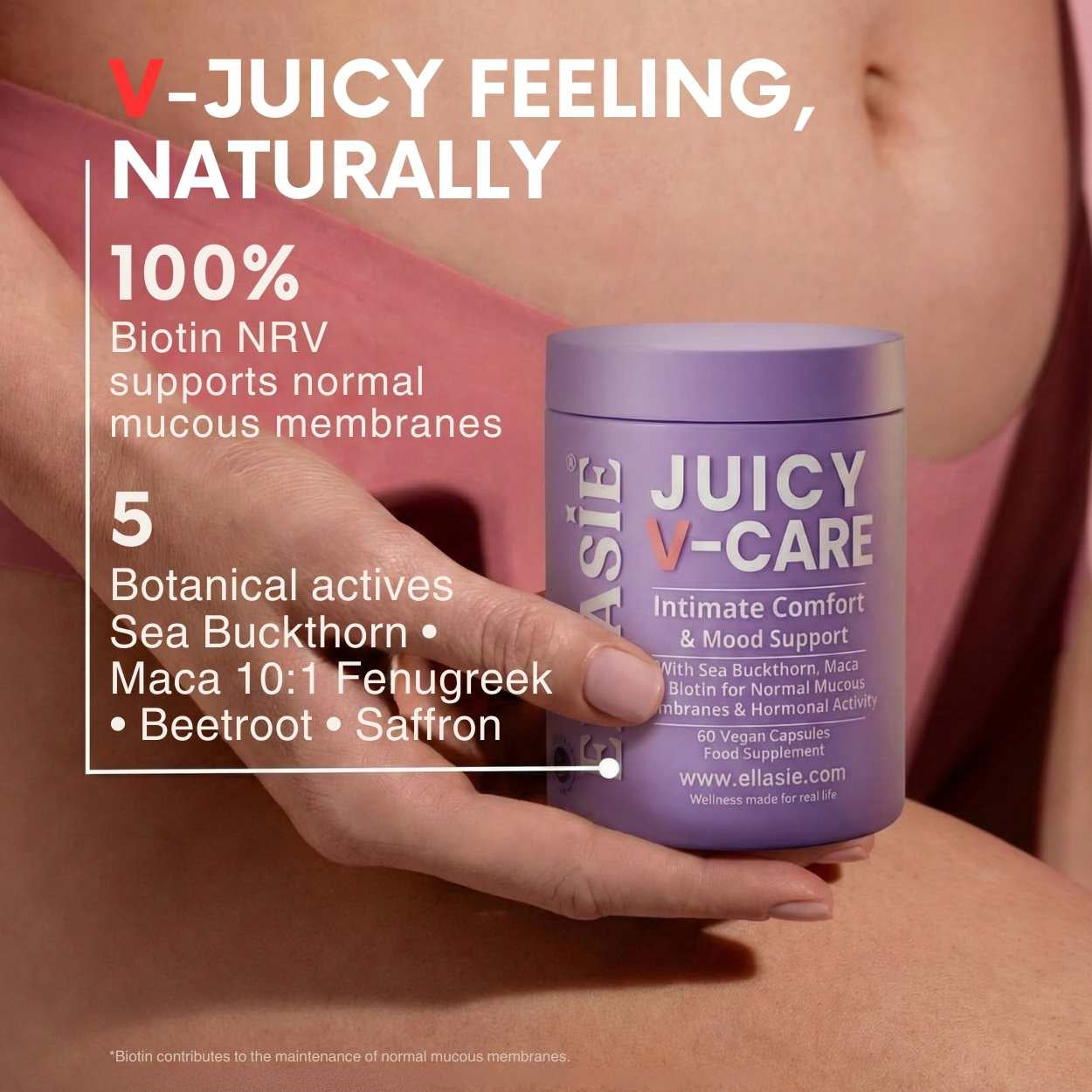Person holding a purple container labeled Ellasie 'Juicy V-Care' with product details on a blurred background.