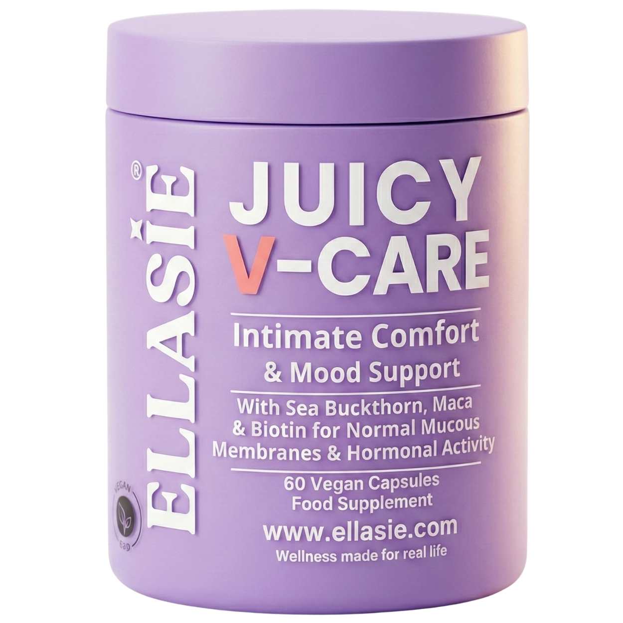 Purple container of Ellasie Juicy V-Care supplement on a white background