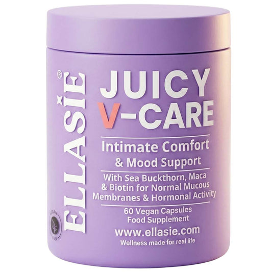 Purple container of Ellasie Juicy V-Care supplement on a white background