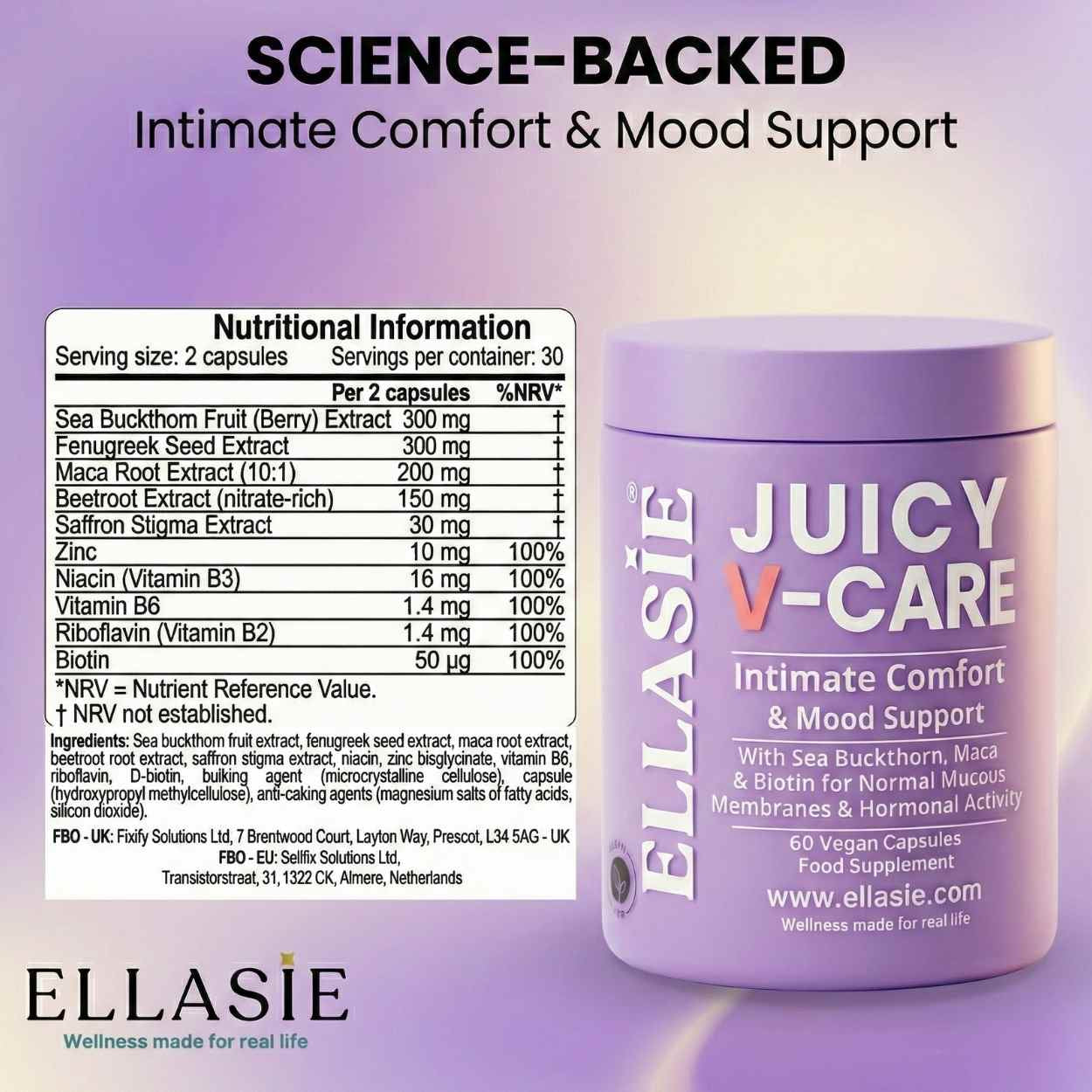 EllaSie Juicy V-Care supplement container with nutritional information on a purple background