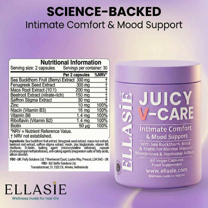 EllaSie Juicy V-Care supplement container with nutritional information on a purple background