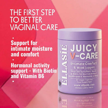 Elasie Juicy V-Care supplement container with text on a pink background