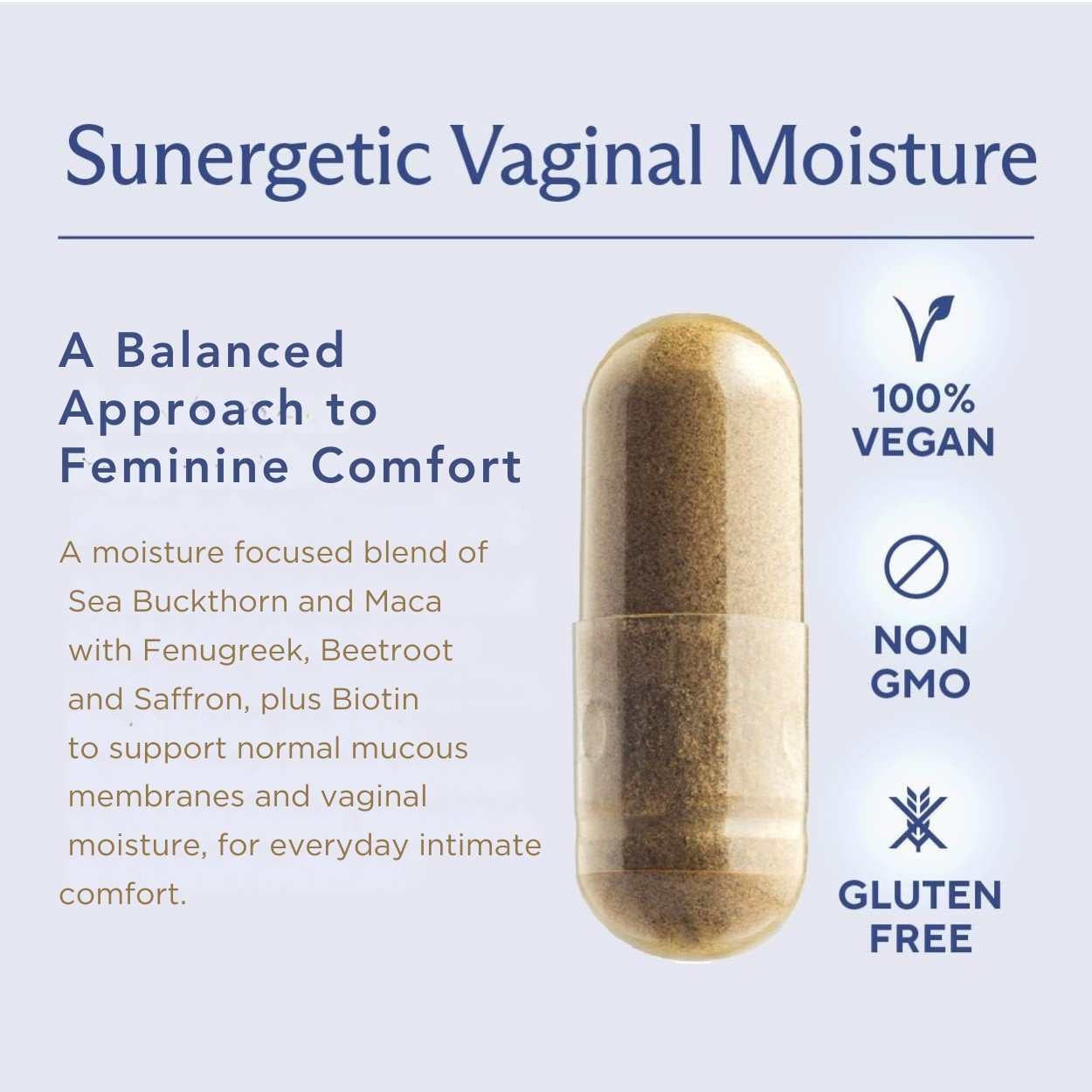 Ellasie Sunergetic Vaginal Moisture supplement capsule with product details on a light blue background