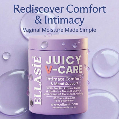 EllaSIE Juicy V-Care product on a purple background with water droplets.