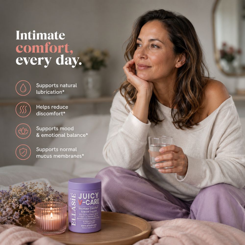 A woman in a cozy bedroom setting holds a glass of water next to a purple jar of ellasie Juicy Care. The left side features marketing text and icons highlighting the product's benefits.