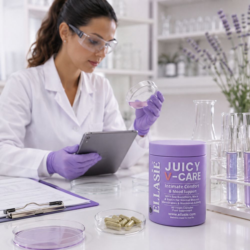 A woman in a white lab coat and purple gloves holds a small glass dish while working at a lab table with a tablet, petri dishes, and a purple cylindrical container labeled ELLASIE Juicy V-Care. Lavender flowers and test tubes are visible in the background.