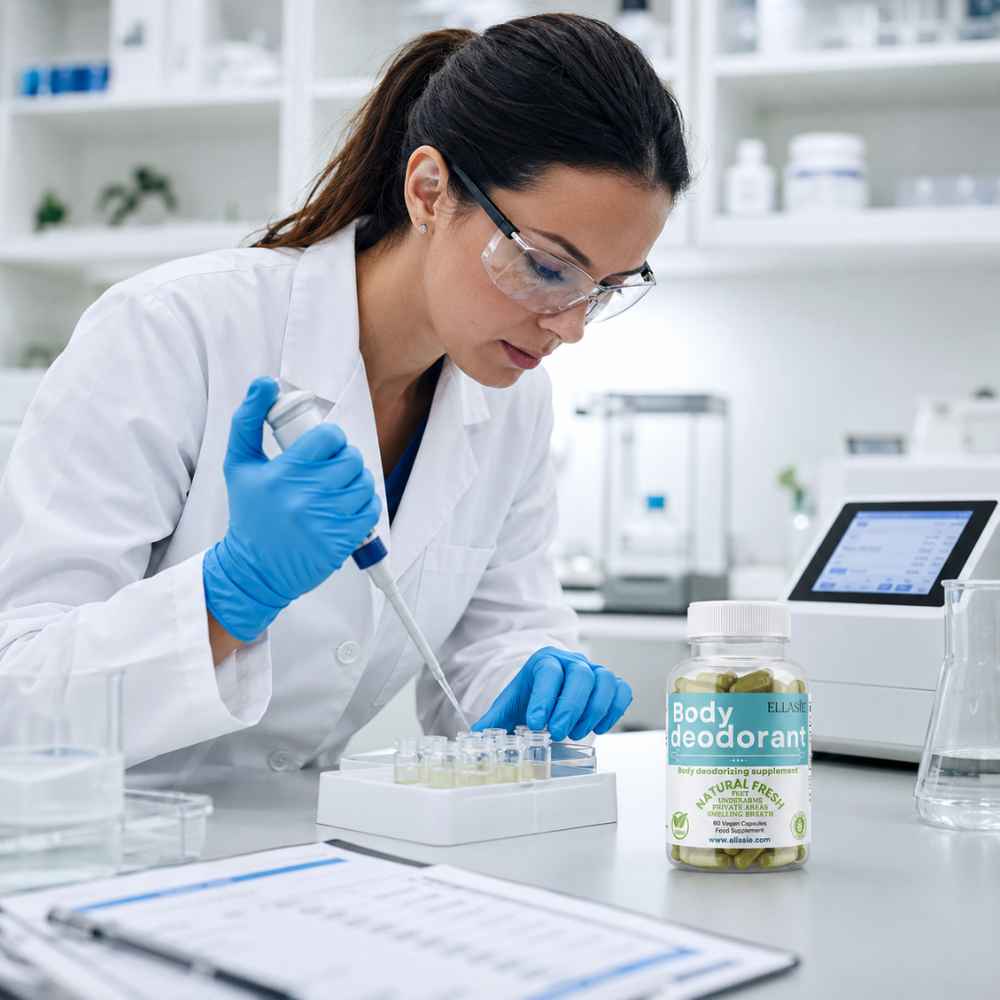 A woman in a white lab coat and blue gloves uses a pipette in a clean laboratory setting. A bottle labeled 'Body Deodorant' with green capsules is visible on the counter in the foreground.