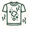 A green line-art icon of a short-sleeve t-shirt with a question mark and steam lines, commonly used to represent hygiene, cleanliness, or fresh laundry.
