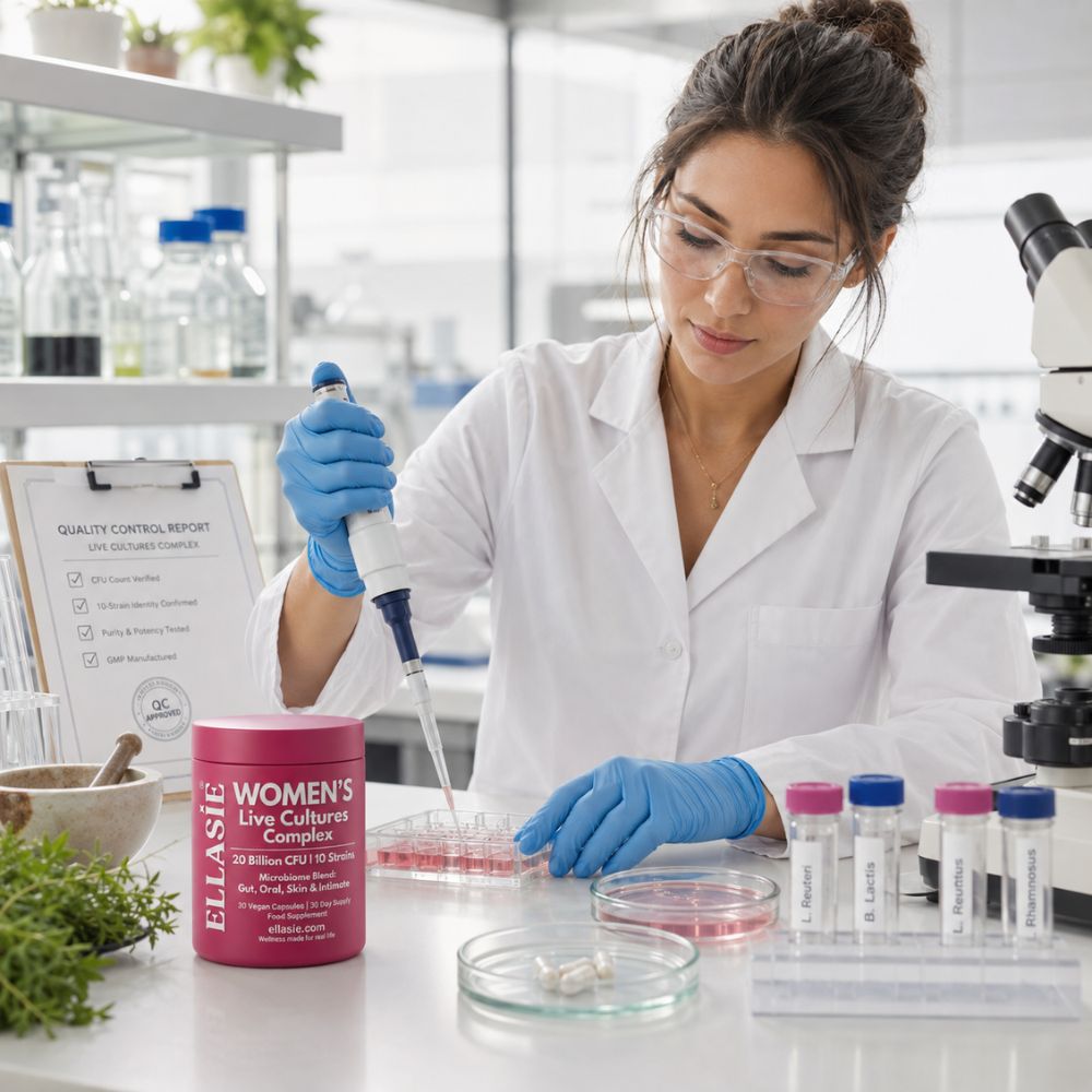 A woman in a white lab coat and blue gloves uses a pipette in a bright microbiology lab. On the counter in front of her is a pink cylindrical container labeled Ellasie Live Cultures Complex' alongside petri dishes and test tubes.