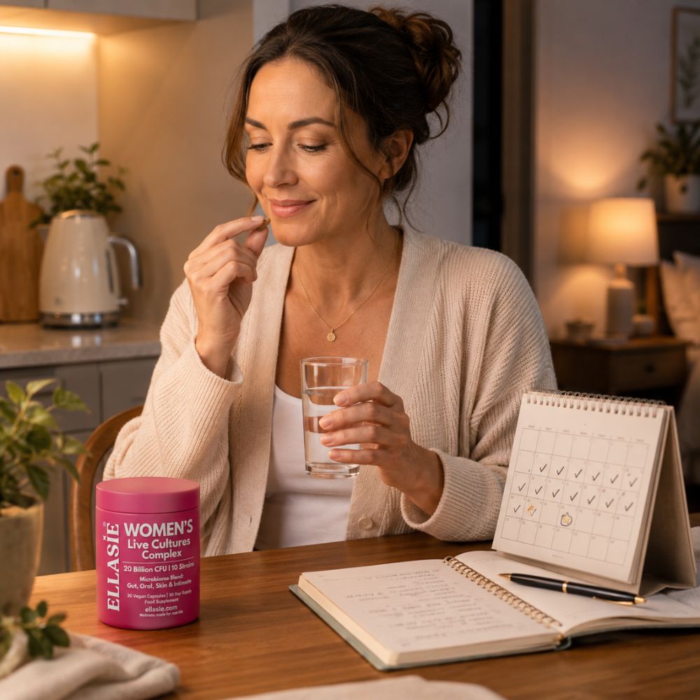 A woman sits at a wooden table in a warmly lit home setting, holding a glass of water and taking a pill from her finger. On the table in front of her is a bright pink cylindrical container labeled 'ELLASIE Women's LIVE CULTURES Complex'.