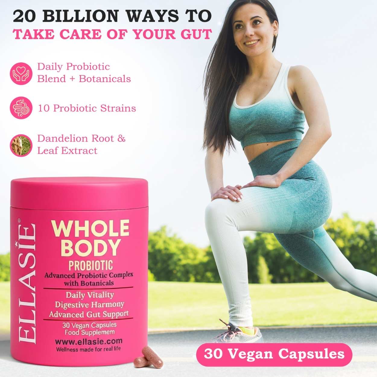 EllaSIE Whole Body Probiotic container with a woman exercising outdoors.