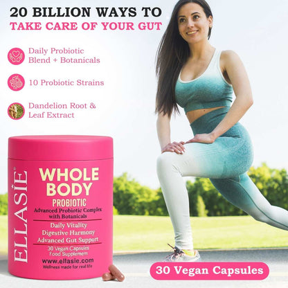 EllaSIE Whole Body Probiotic container with a woman exercising outdoors.