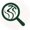 A dark green magnifying glass icon with a stylized abstract line pattern inside, centered on a light gray background.