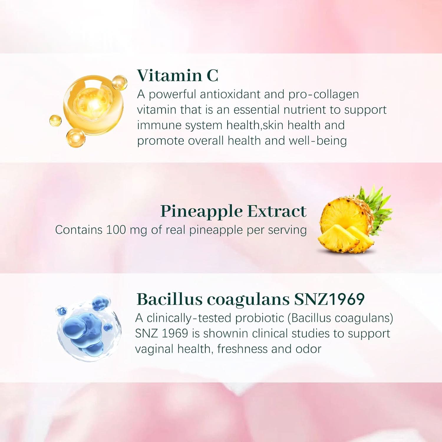 Ellasie Gummies Supplement Facts: Vitamin C, Pineapple Extract & Bacillus Coagulans. Key ingredients.