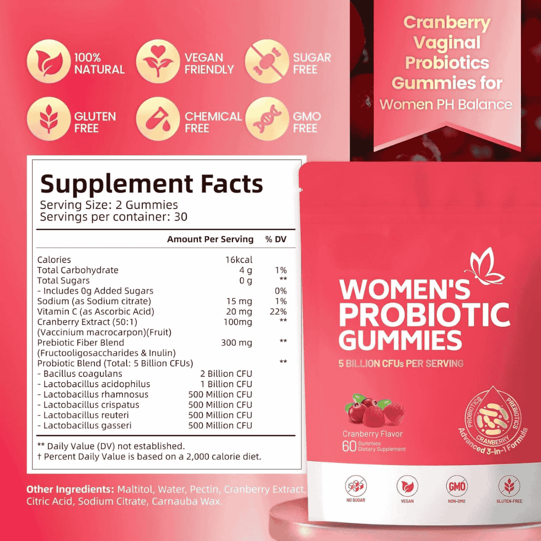 Ellasie Cranberry Probiotic Gummies – 5 Billion CFU | Urinary & Vaginal Balance Support | Vegan, Sugar - Free | Supplements > Probiotic Gummies by Ellasie