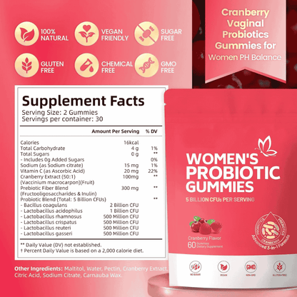 Ellasie Cranberry Probiotic Gummies – 5 Billion CFU | Urinary & Vaginal Balance Support | Vegan, Sugar - Free | Supplements > Probiotic Gummies by Ellasie
