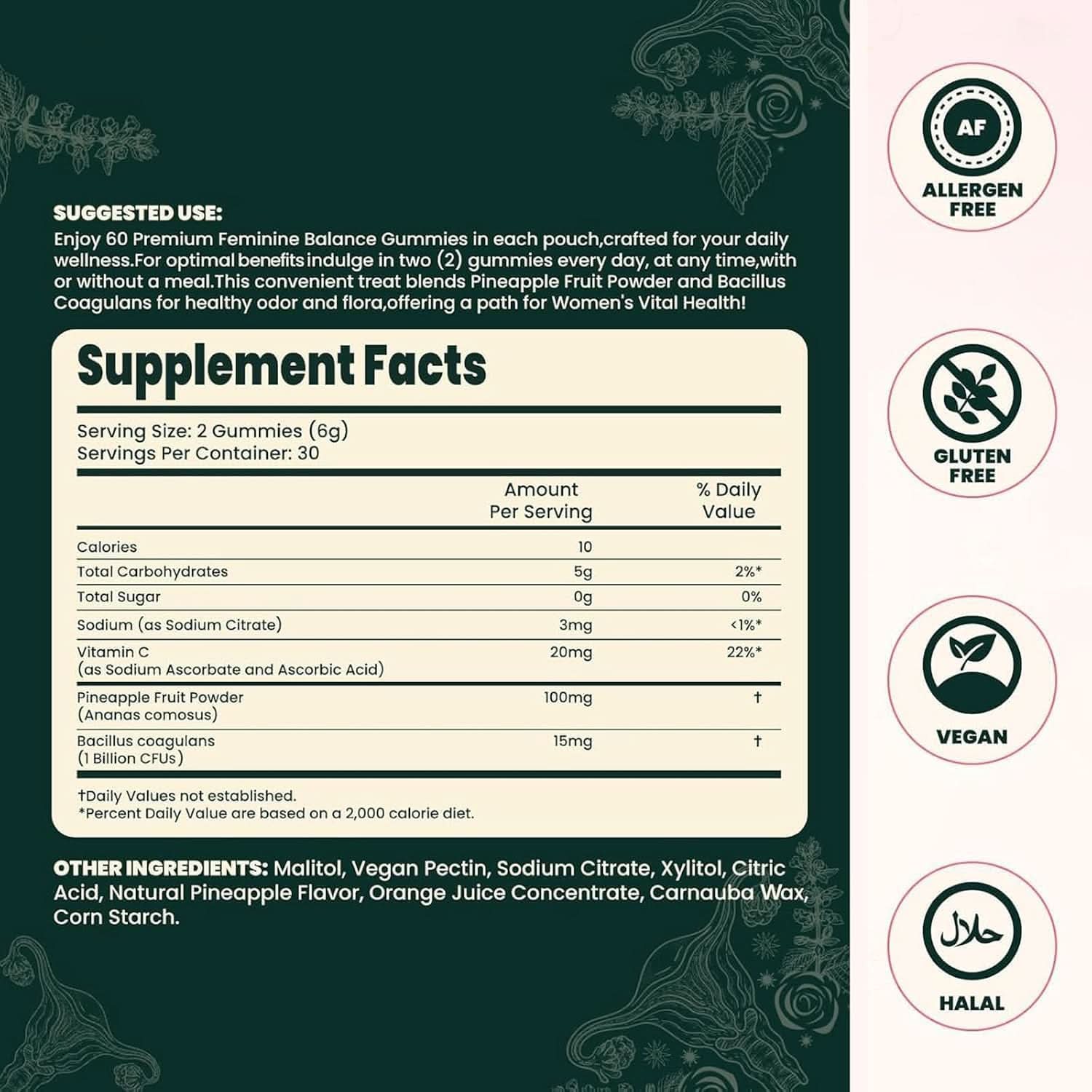 Ellasie Feminine Gummies Supplement Label – Ingredients and Nutritional Panel