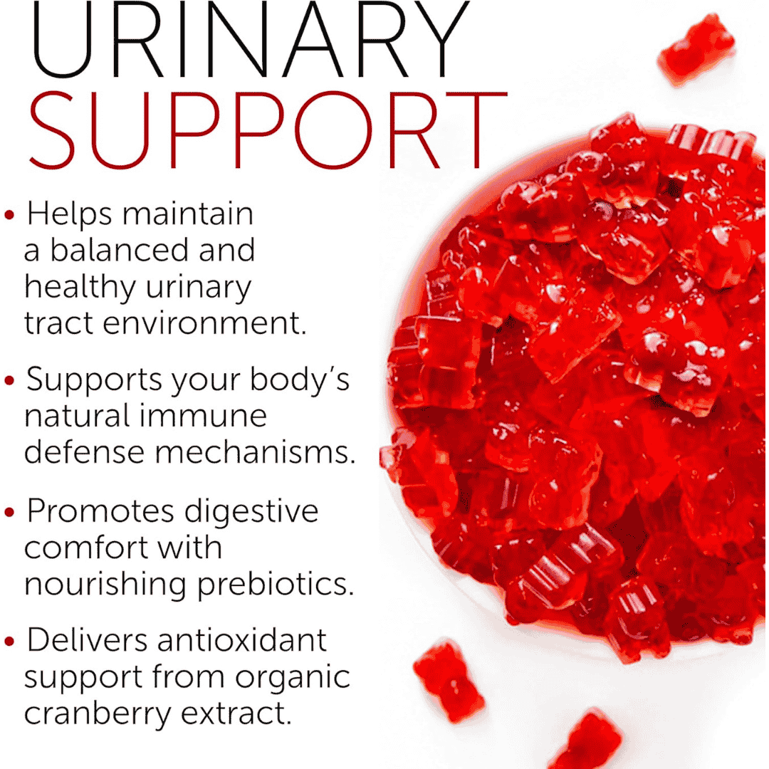 Ellasie Cranberry Probiotic Gummies infographic. Key benefits for urinary tract support and wellness.