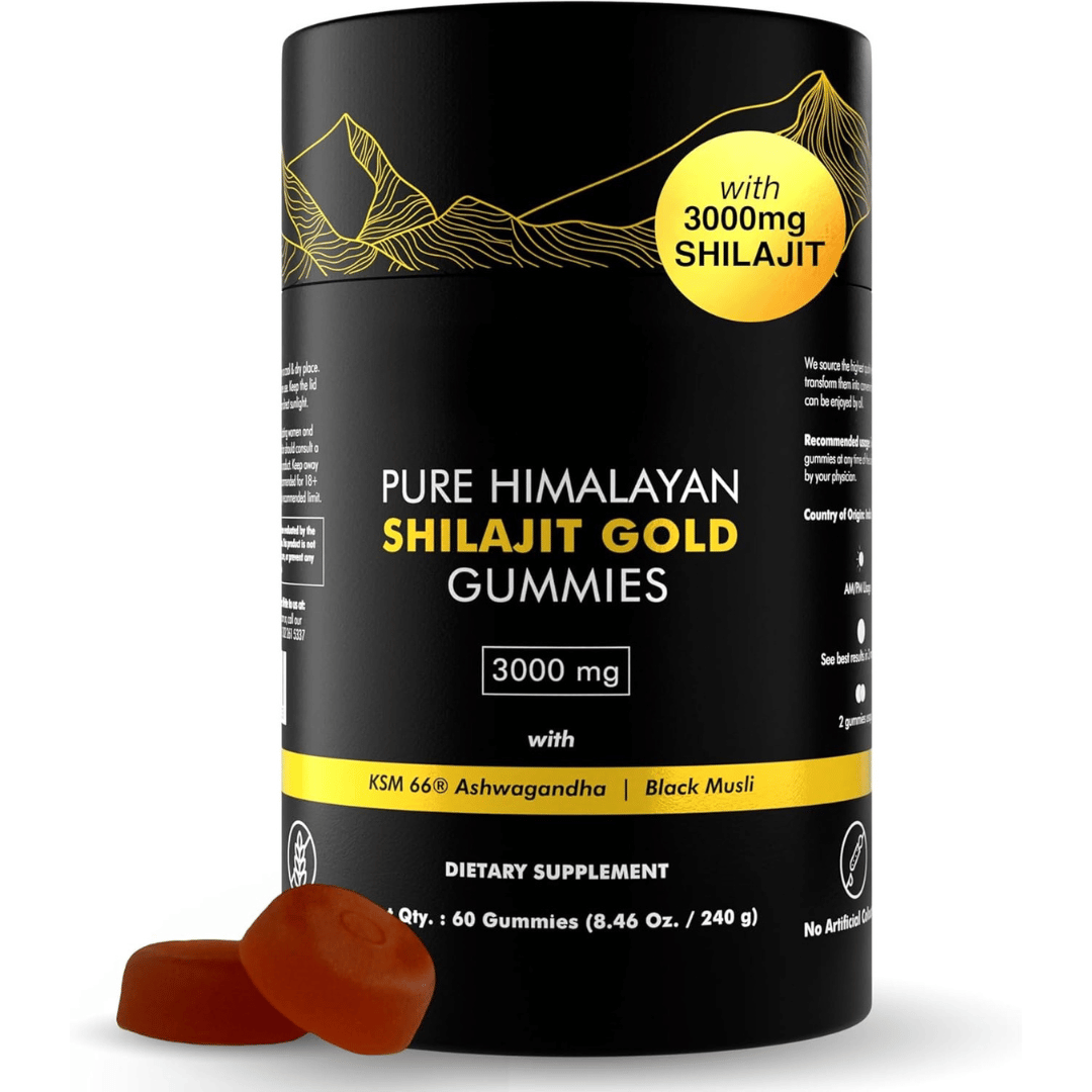 Black bottle of Ellasie Shilajit Gummies. A natural vitality support supplement with KSM-66 Ashwagandha, vegan and sugar-free