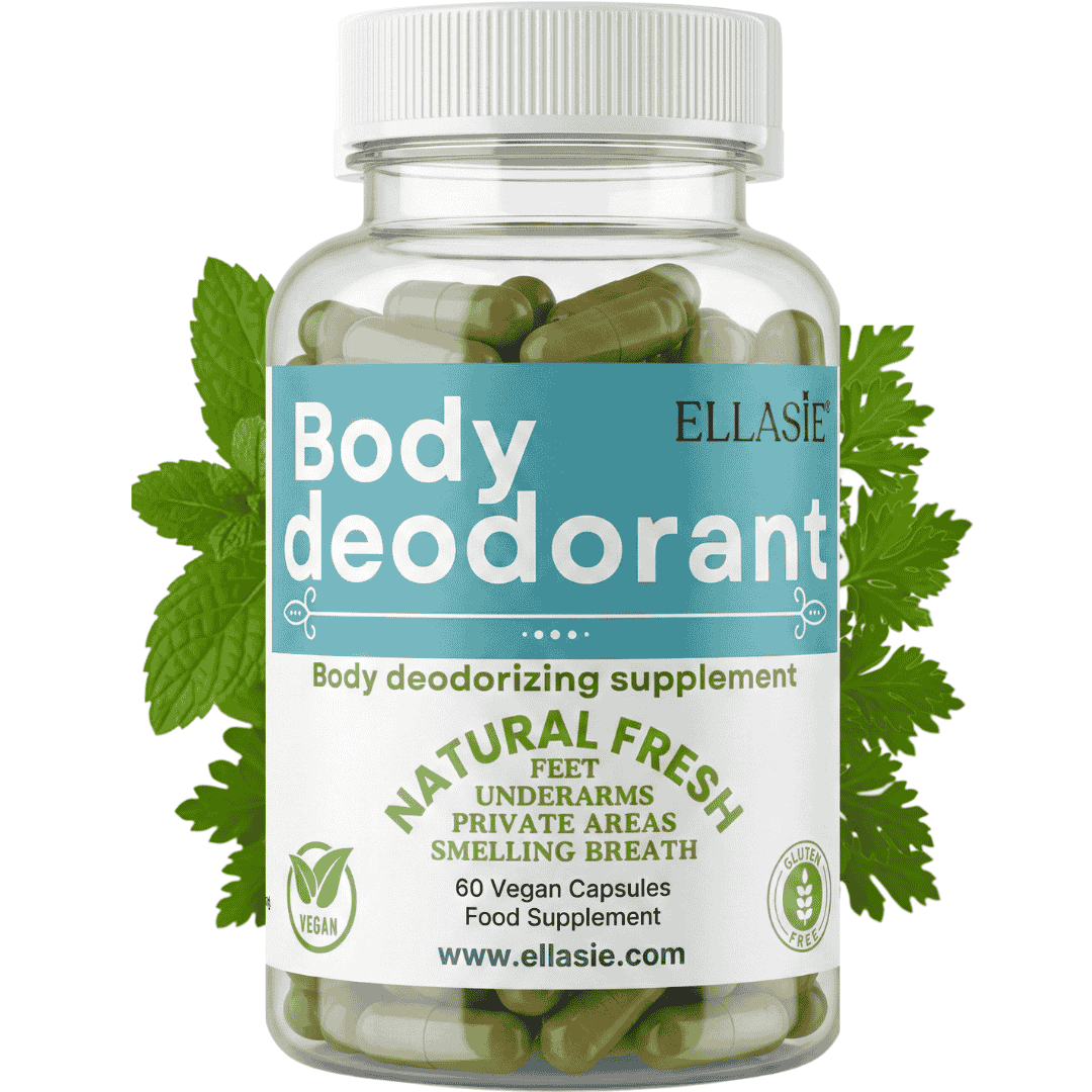 Bottle of Ellasie body deodorant supplement with green capsules on a white background